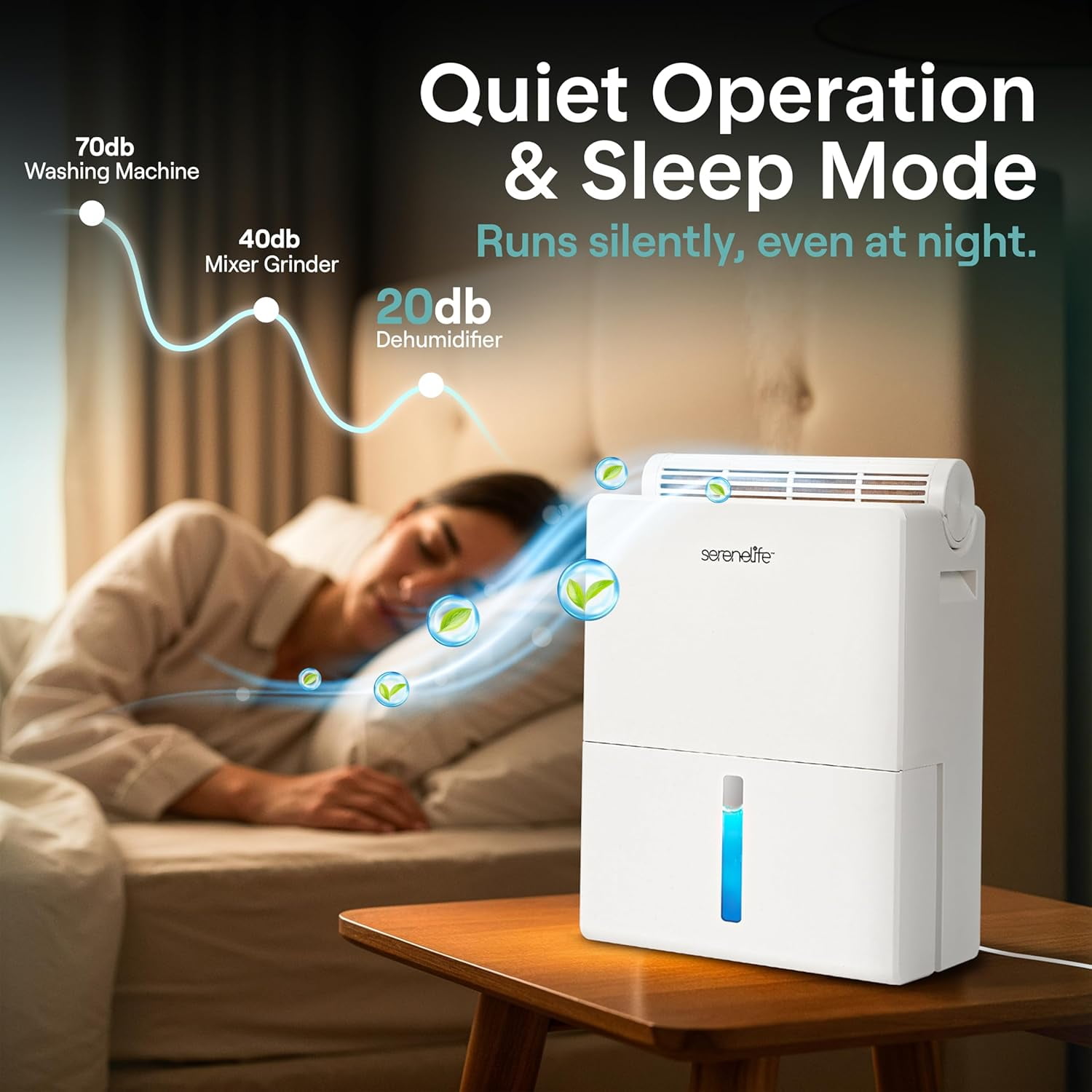 SereneLife 91 Oz Home Dehumidifier – Quiet Bedroom, Bathroom & Basement Moisture Remover with Drying Base, Timer, Sleep Mode & Smart Humidity Control, Covers Up to 1200 Sq Ft (White, 9 x 6 x 13 In)