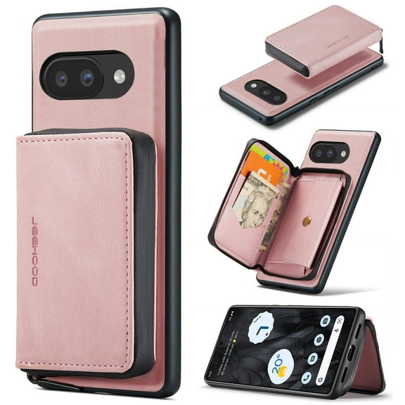 Allytechgroup for Google Pixel 9A Phone Case, RFID Blocking Detachable Cards Slots Zipper Wallet Premium PU Leather Shockproof Protective Wallet Cover Case for Google Pixel 9A, Pink