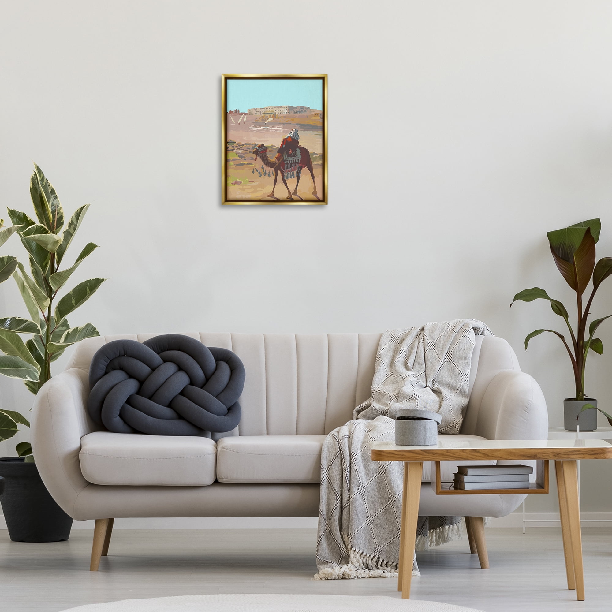 Stupell Industries Camel in Desert Town Landscape Painting Gold Floater Framed Art Print Wall Art, 17 x 21