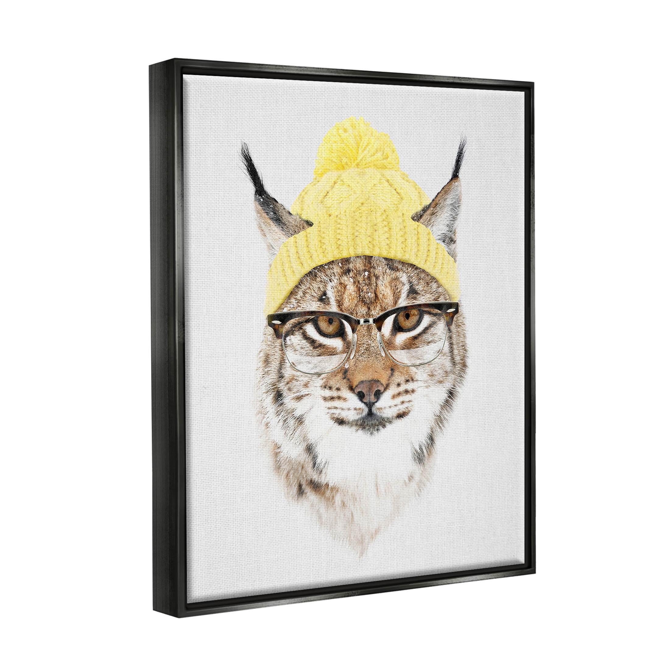 Bobcat Hipster Beanie Wildlife Animals & Insects Graphic Art Jet Black Framed Art Print Wall Art