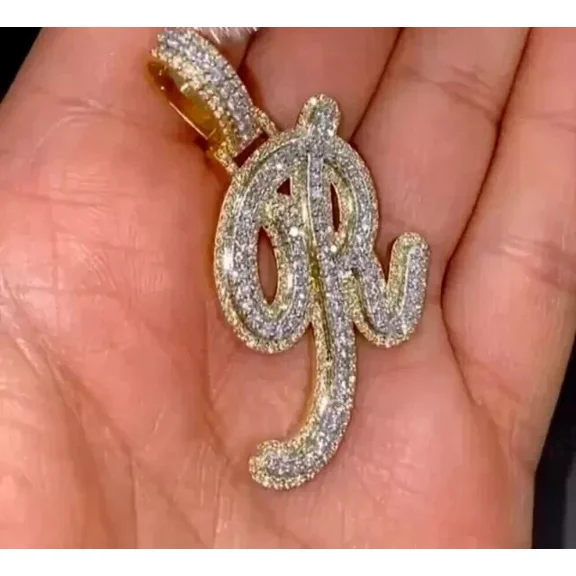 ORLOV DIAMONDS 2.20Ct Round Cut Real Moissanite Initial Latter R Pendant 14K Yellow Gold Plated