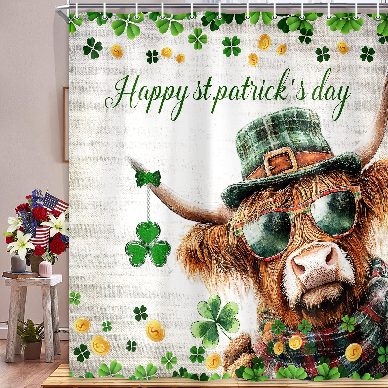 Highland Cow St. Patrick's Day Shower Curtain, Funny Farm Animals on Wooden Board Spring Farmhouse Shower Curtain Sets, Polyester Green Clover Shamrock Leaves Bathroom Accessories with Hooks, 48X70in
