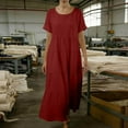 thumbnail image 4 of FRSASU Robe en Coton et Lin pour Femme à Manches Courtes, Col Rond, Robe Maxi Bohème, Décontractée, Été, Modeste, Longue et Fluide, Plage, Vacances, Rouge, TTG (TTG), 4 of 5