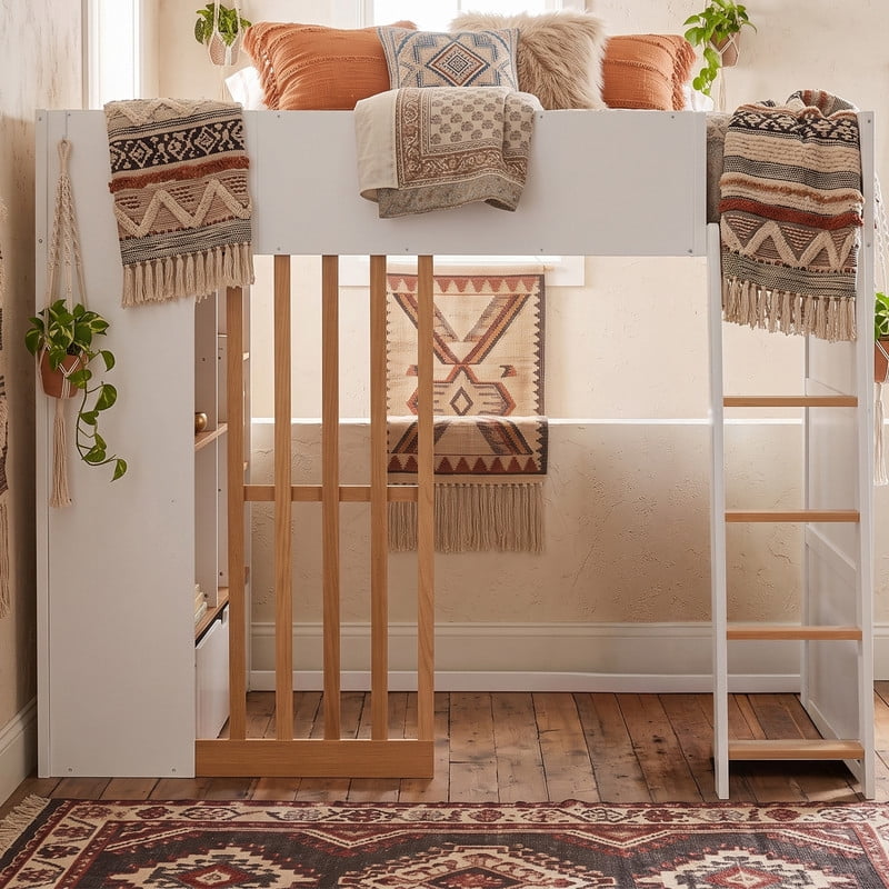 Full Size Kids Loft Bed with Shelves, Wooden High Profile Teens Storage Bed Frame with Ladder and Removable Large Drawer
