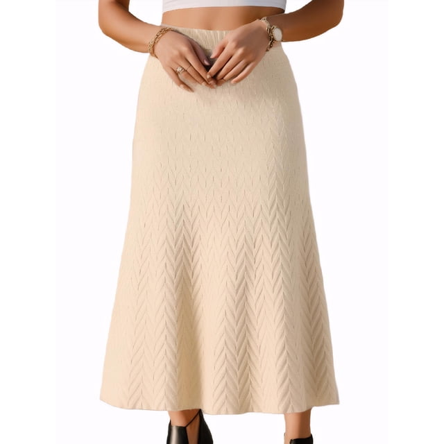 FALDA MIDI DE PUNTO RIBETEADA A-LINE PARA MUJERES INSPIRADA CHIC, CINTURA ALTA ELÁSTICA Y ESTIRABLE, COLOR BEIGE