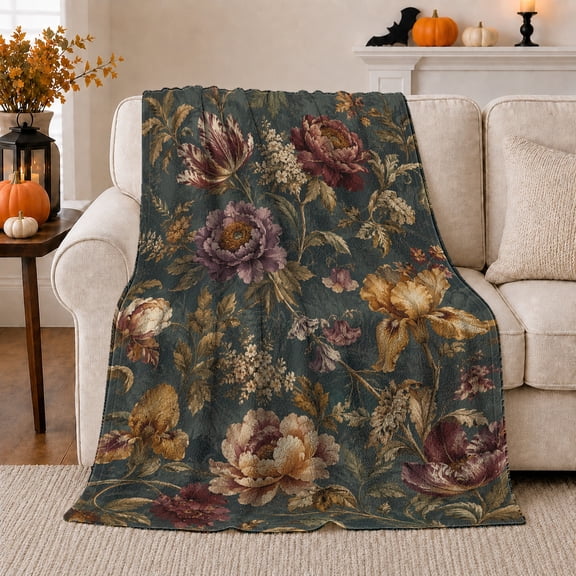 Vintage Botanical Teal Floral Pattern, Cozy Botanical Garden Scene, Warm Flannel Blanket for Sunroom and Reading Nook, Garden Lovers Housewarming Gift, Botanical Home Decor