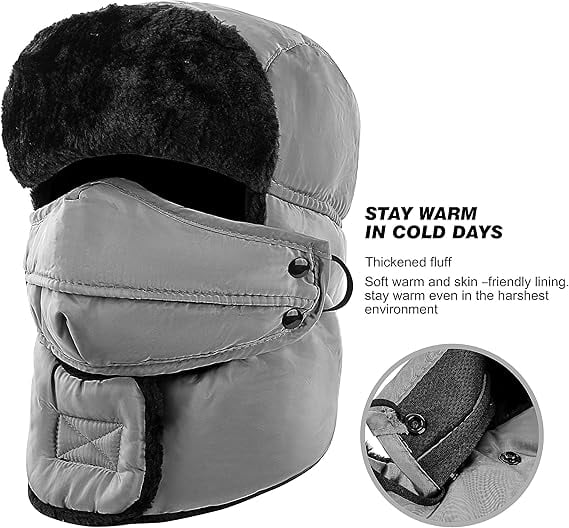 Winter Ski Hat with Winter Ear Flap and Ski Windproof Mask Light Grey
