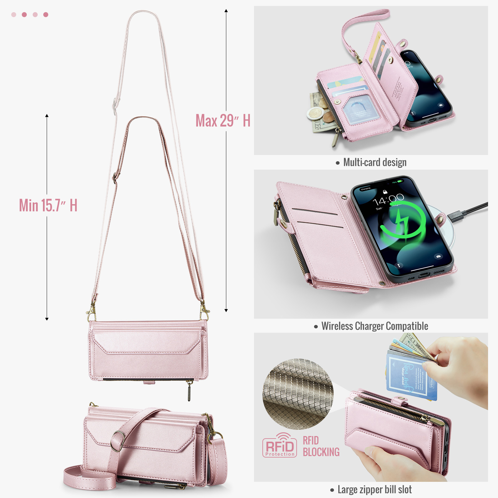 Asuwish Compatible with iPhone 15 Pro 6.1 inch Zipper Wallet Phone Case Tempered Glass Screen Protector Crossbody Lanyard Strap Flip Card Holder Slot Cell Cover for i Phone15 15 15Pro Women Rose Gold