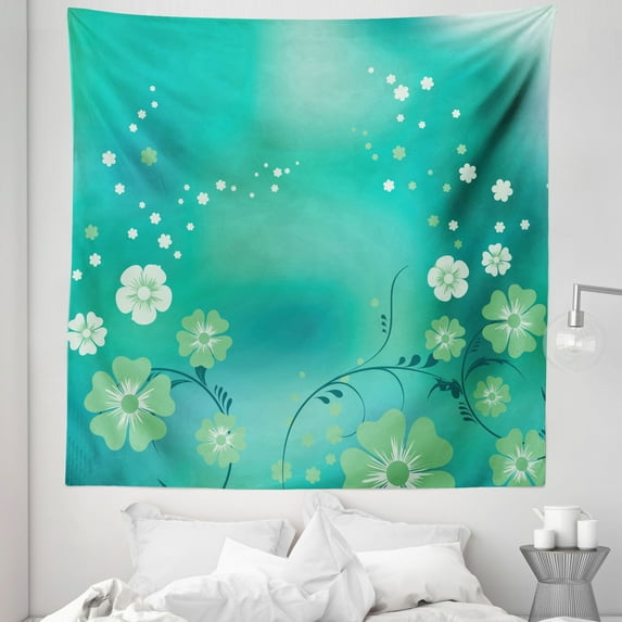 Green Flower Tapestry, Floral Arrangement Vibes Leaves Petals Swirls, Fabric Wall Hanging Decor for Bedroom Living Room Dorm, 5 Sizes, Pistachio Turquoise, by Ambesonne