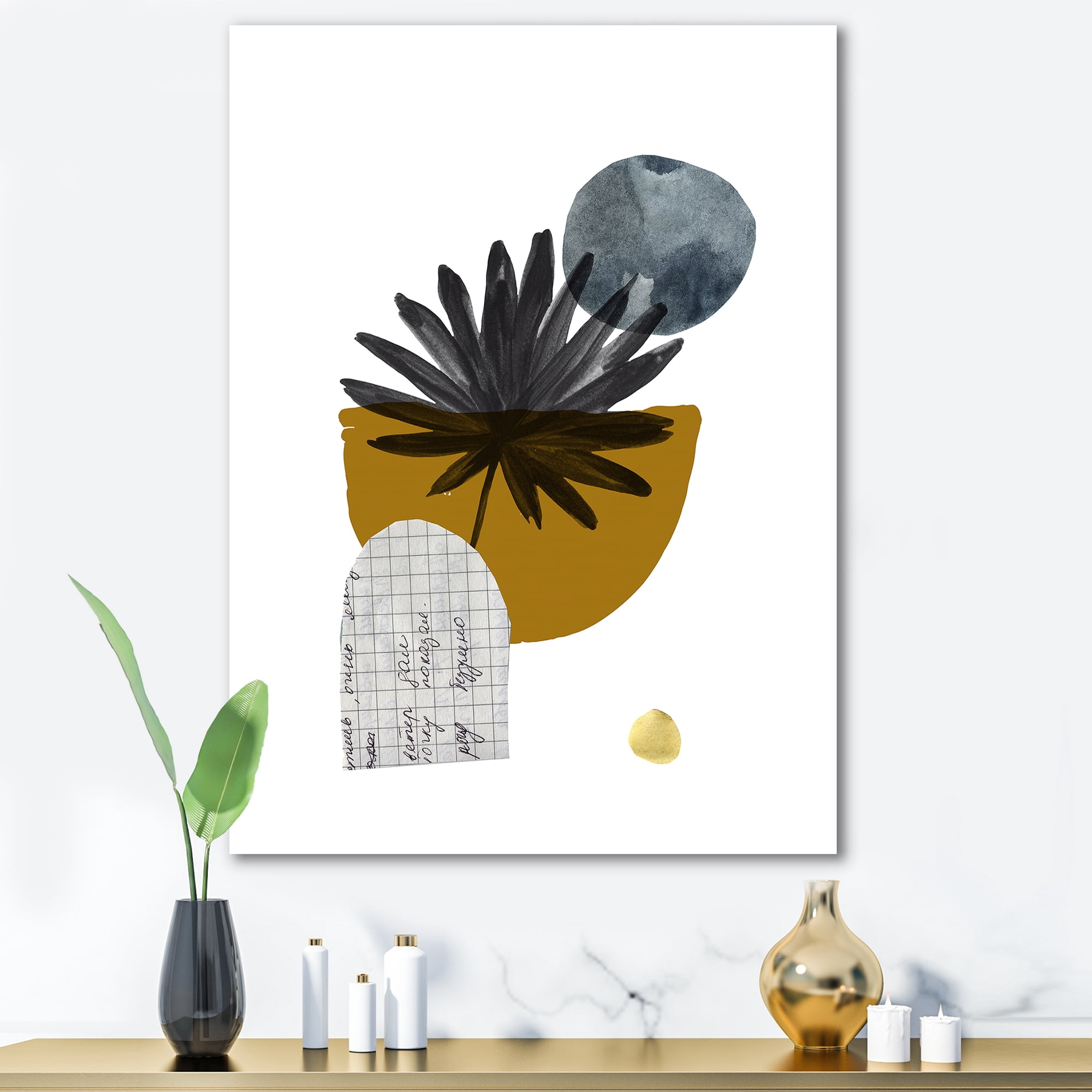 Abstract Geometry Shapes and Tropical Palm Leaf I 16 in x 32 in Painting Canvas Art Print, by Designart