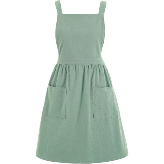 Cotton Linen Pinafore Apron Dress for Women with Pockets Cute Art Chef Aprons for Kitchen Baking Gardening Painting