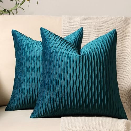 20x20 Teal Throw Pillow Cases: 2 Pack Original Striped Velvet Square Decorative Pillow Covers for Farmhouse Couch
