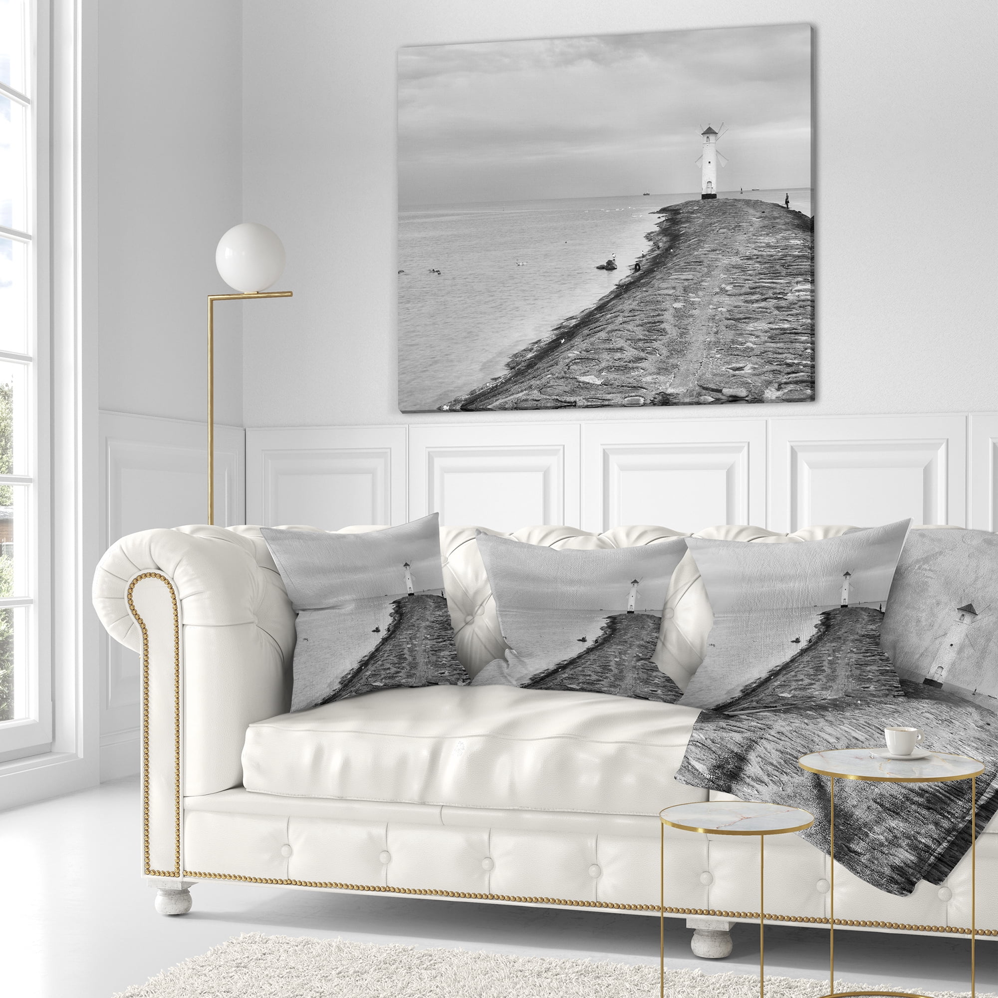 Designart Lighthouse Windmill Stawa Mlyny in Grey - Seascape Throw Pillow - 18x18