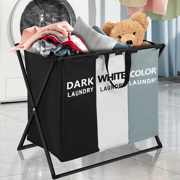 3 Section Laundry Basket Foldable Hamper Sorter Durable Fabric
