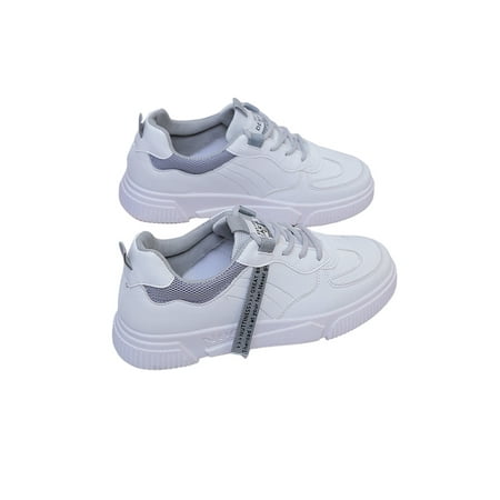 

Eloshman Women Sneakers Non-Slip Skate Shoes Lace Up Casual Shoe Work Breathable Comfort Fashion Sneaker Round Toe Flats White Gray 5.5