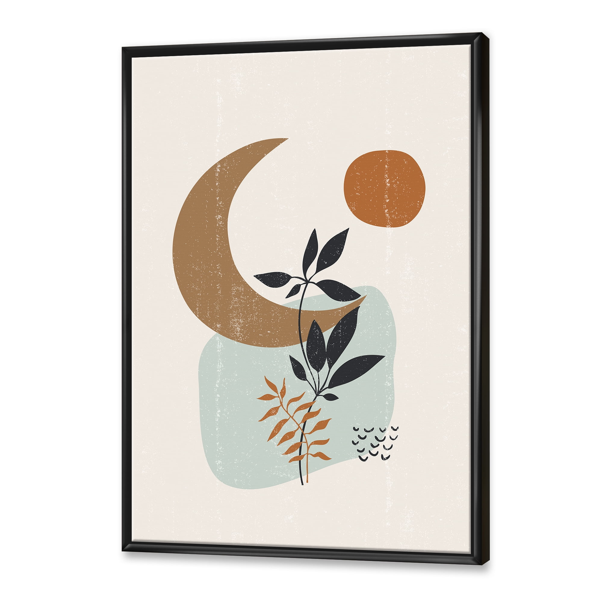 Designart 'Abstract Moon and Sun With Minimal Plants' Modern Framed Canvas Wall Art Print