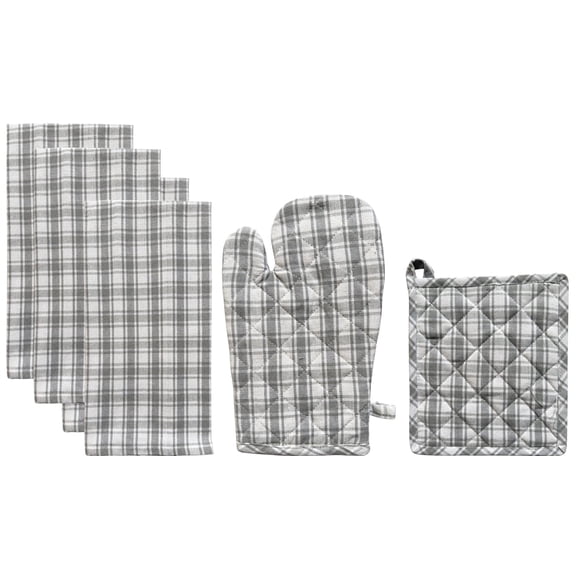 Buffalo Plaid 100% Cotton Non-Slip, Heat-Resistant Set of 6 Kitchen Linen Set, Includes 4 Kitchen Towels, Oven mitt, Pot Holder.