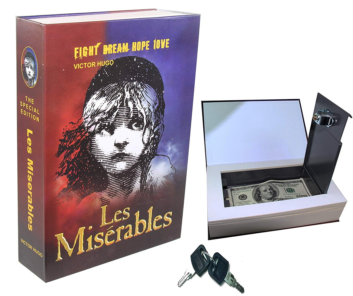 Real Paper Book Locking Booksafe with Key Lock Dictionary Secret Hidden Safe (Les Miserables) NEW