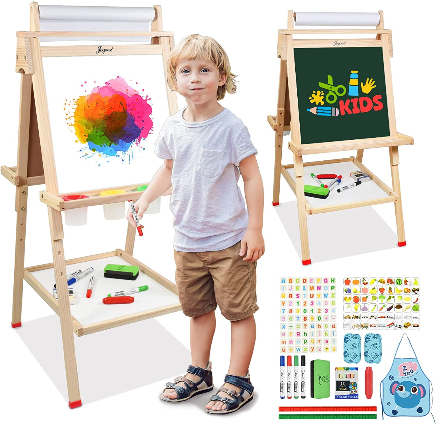 Double Sided Standing Toddler Art Easels with Chalkboard & Whiteboard and Art Dry Erase