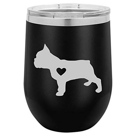 12 oz Double Wall Vacuum Insulated Stainless Steel Stemless Wine Tumbler Glass Coffee Travel Mug With Lid Cute French Bulldog With Heart