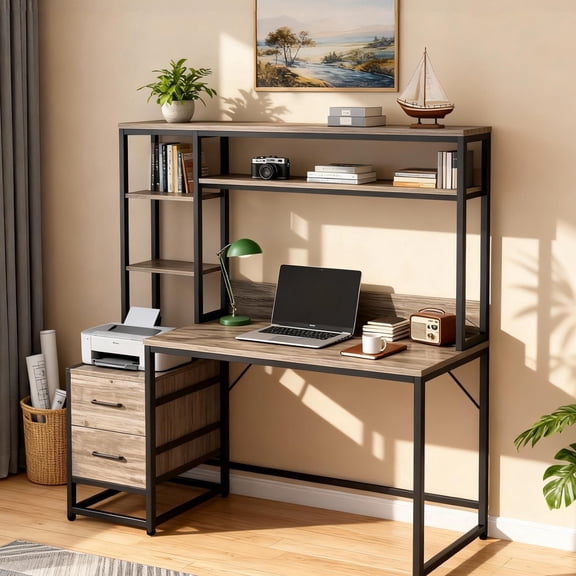 KIOOTTO 55" Computer Desk with Hutch, 2 Drawers and Steel Frame, Multi-Tier Home Office Workstation, Slate Grey