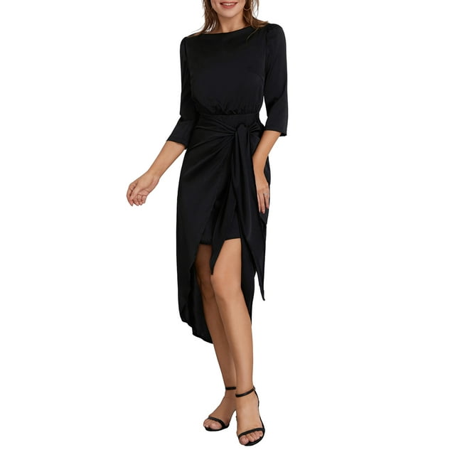 ZAXARRA Robe Midi en Satin pour Femmes Manches 3/4 Col Rond Nœud devant Couleur Unie Robe de Cocktail Robe de Soirée