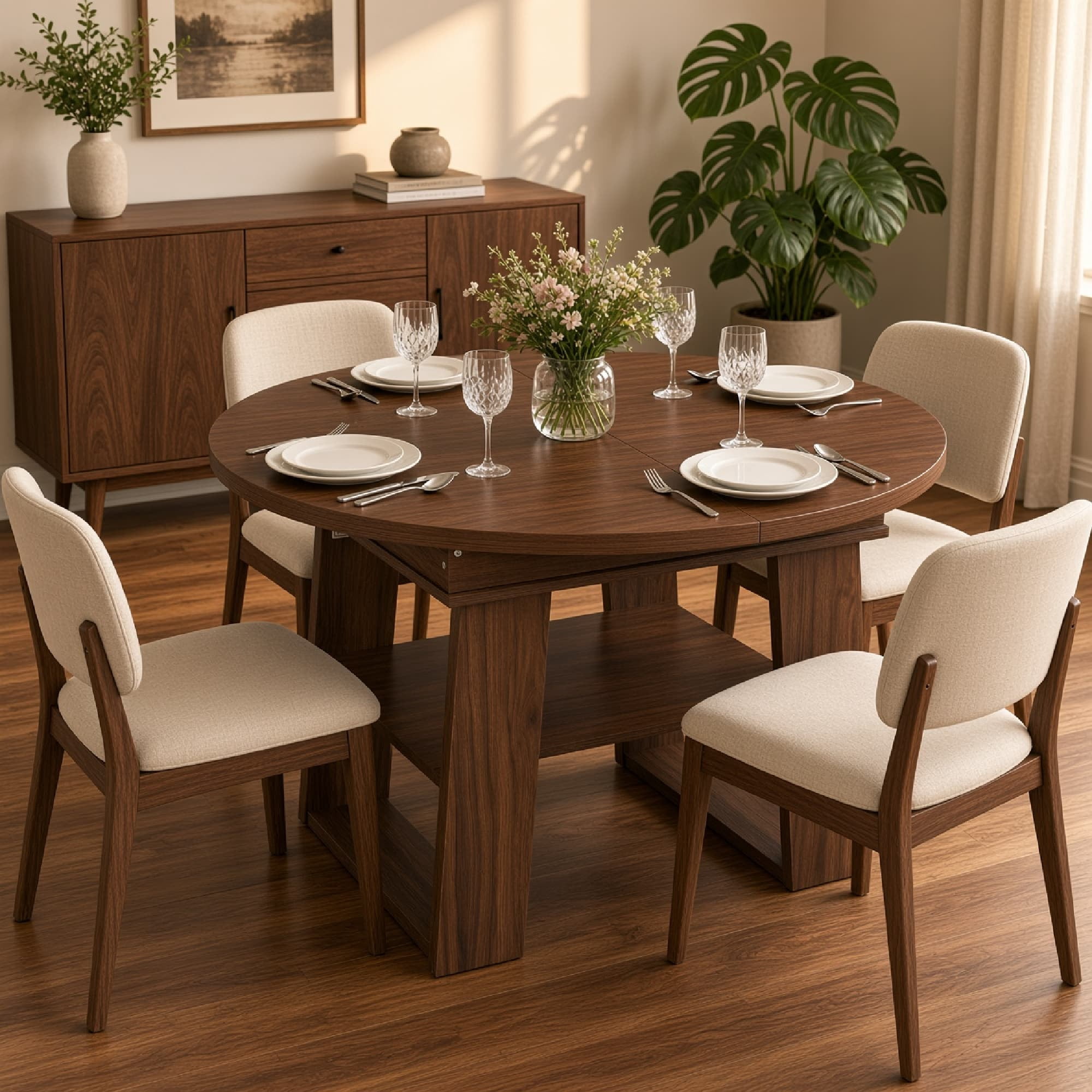 Extendable Dining Table Round to Oval Kitchen Table with Butterfly Leaf Seats 4-6 Storage Shelf & H-Shaped Base for Small Space Walnut