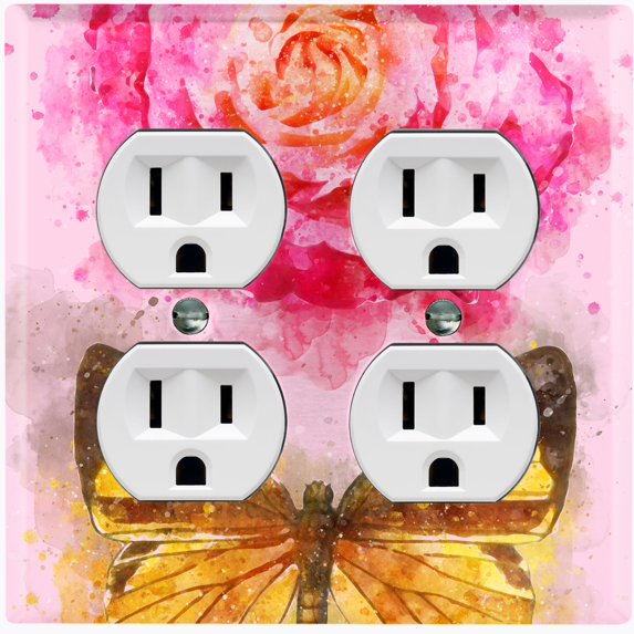 Metal Light Switch Plate Outlet Cover Pink Rose Flower Butterfly ROS003