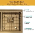 thumbnail image 3 of Strictly Sinks 32” Undermount Workstation Gold Kitchen Sink– 16 Gauge Double Bowl Kitchen Sink with Bottom Grid, Wooden Cutting Board, Colander, 1 Disposal Adapter & 1 Strainer Drain, 3 of 9