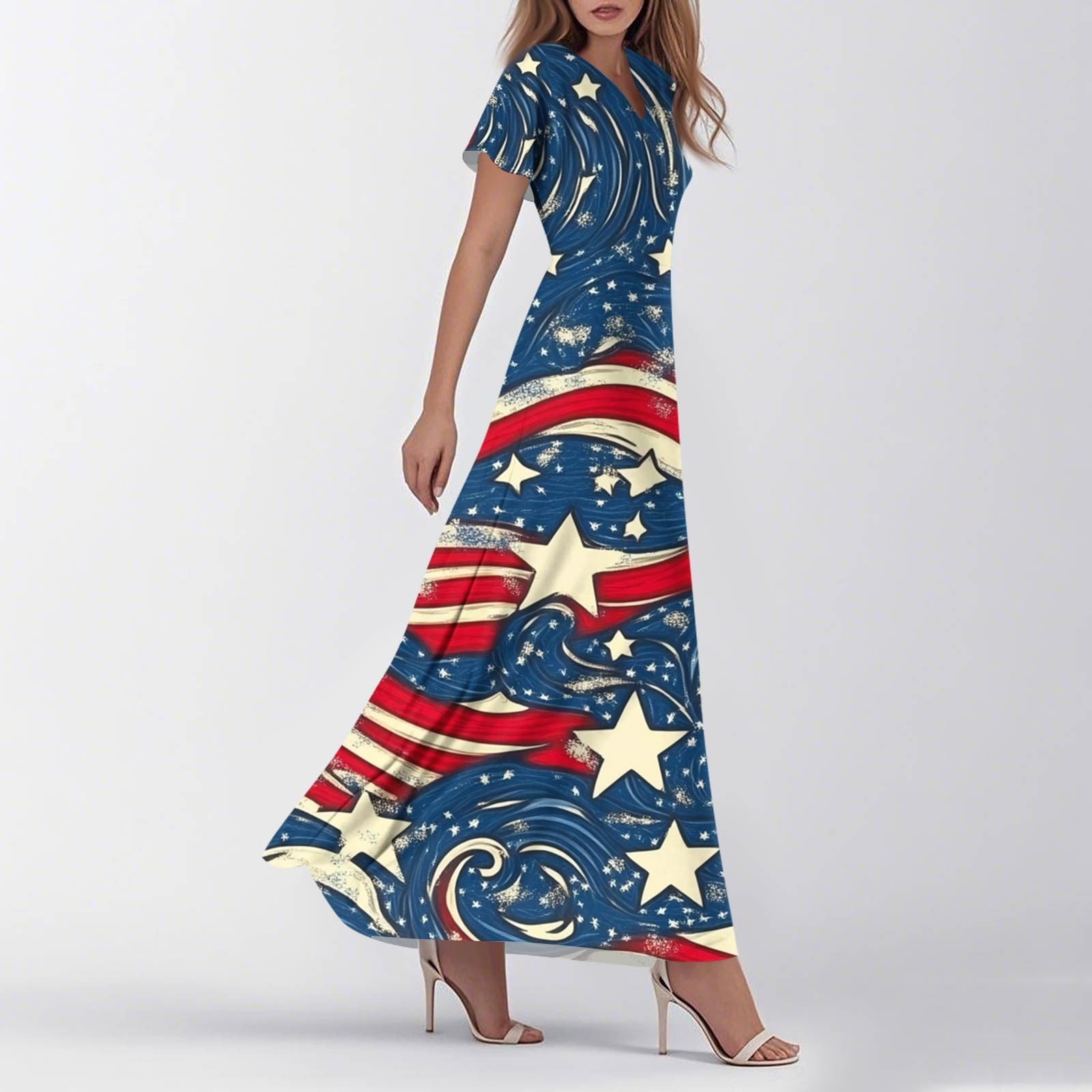 SAATLERI Red White and Blue Dress for Women Flowy American Flag