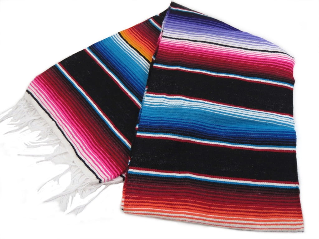 Mexican Serape Blanket Sky Blue or Lavender Striped Rainbow White Fringe XL 