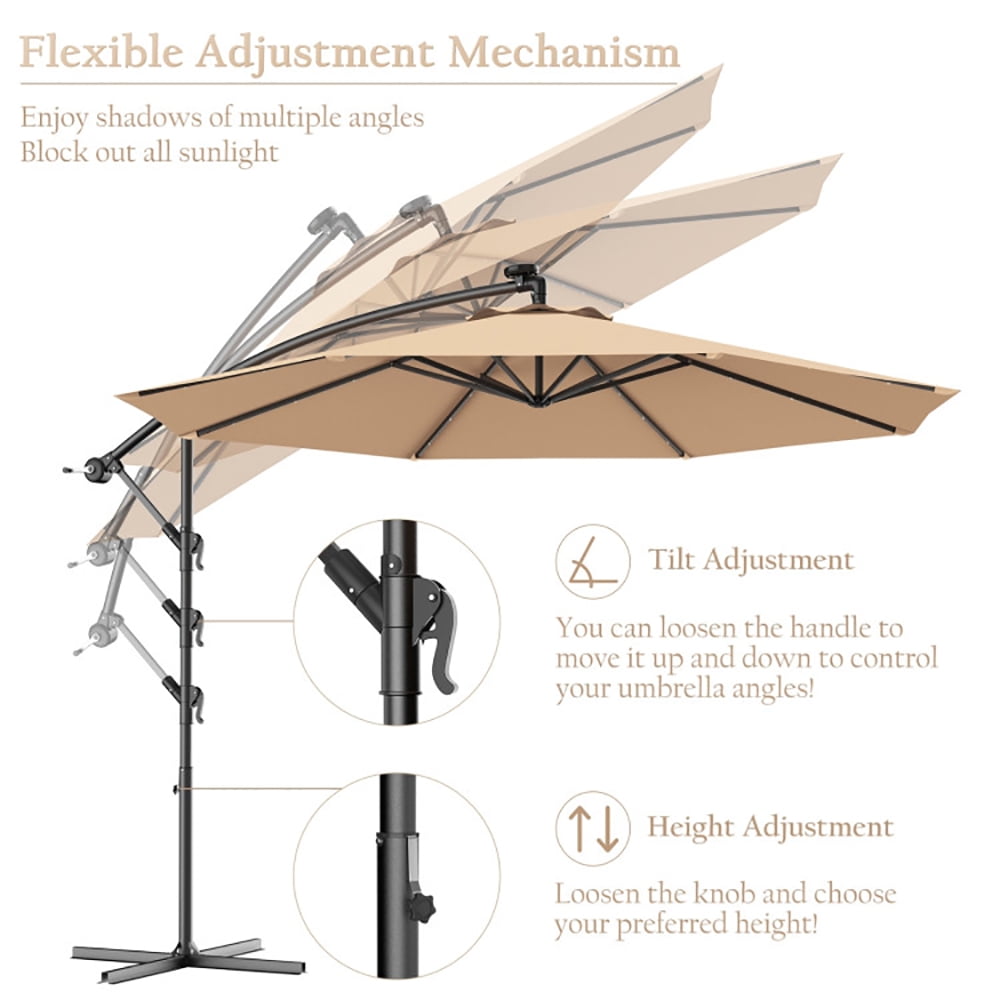 Aimee Lii 10 Feet Patio Hanging Solar LED Umbrella Sun Shade with Cross Base, Table Umbrella Outdoor Patio, Beige