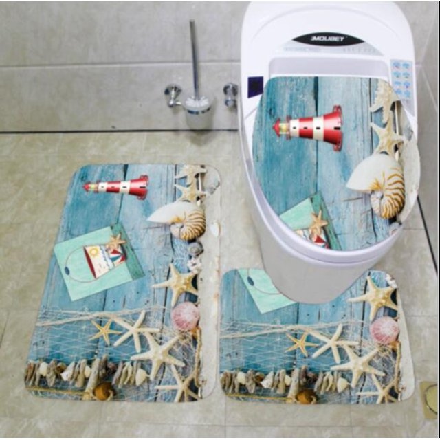 3 Piece Bathroom Rug Set Nautical Anchor Pedestal Mat Non Slip Bath Mat Toilet Lid Cover Toilet Rug Set,Starfish 26