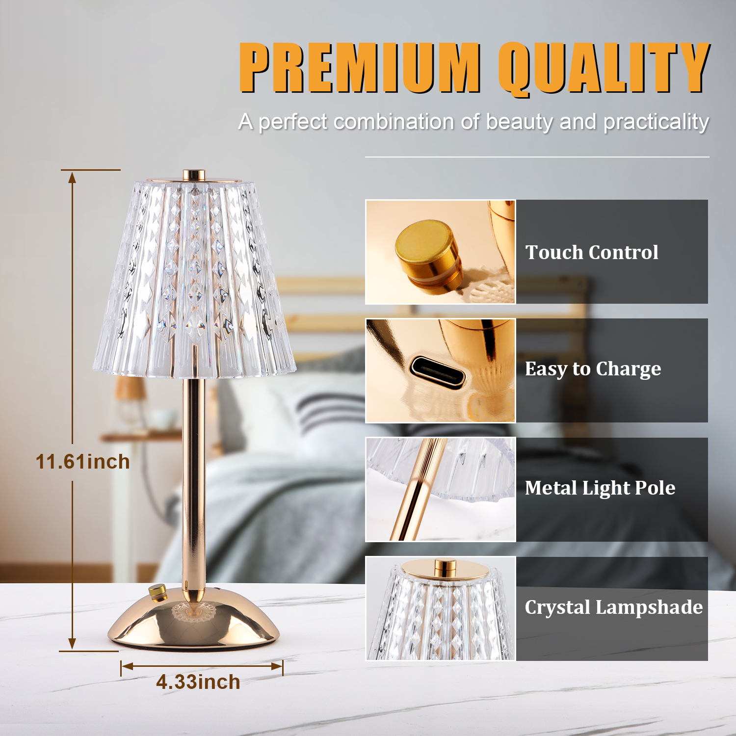 Walchoice Cordless Crystal Table Lamp, Rechargeable, Gold photo 6