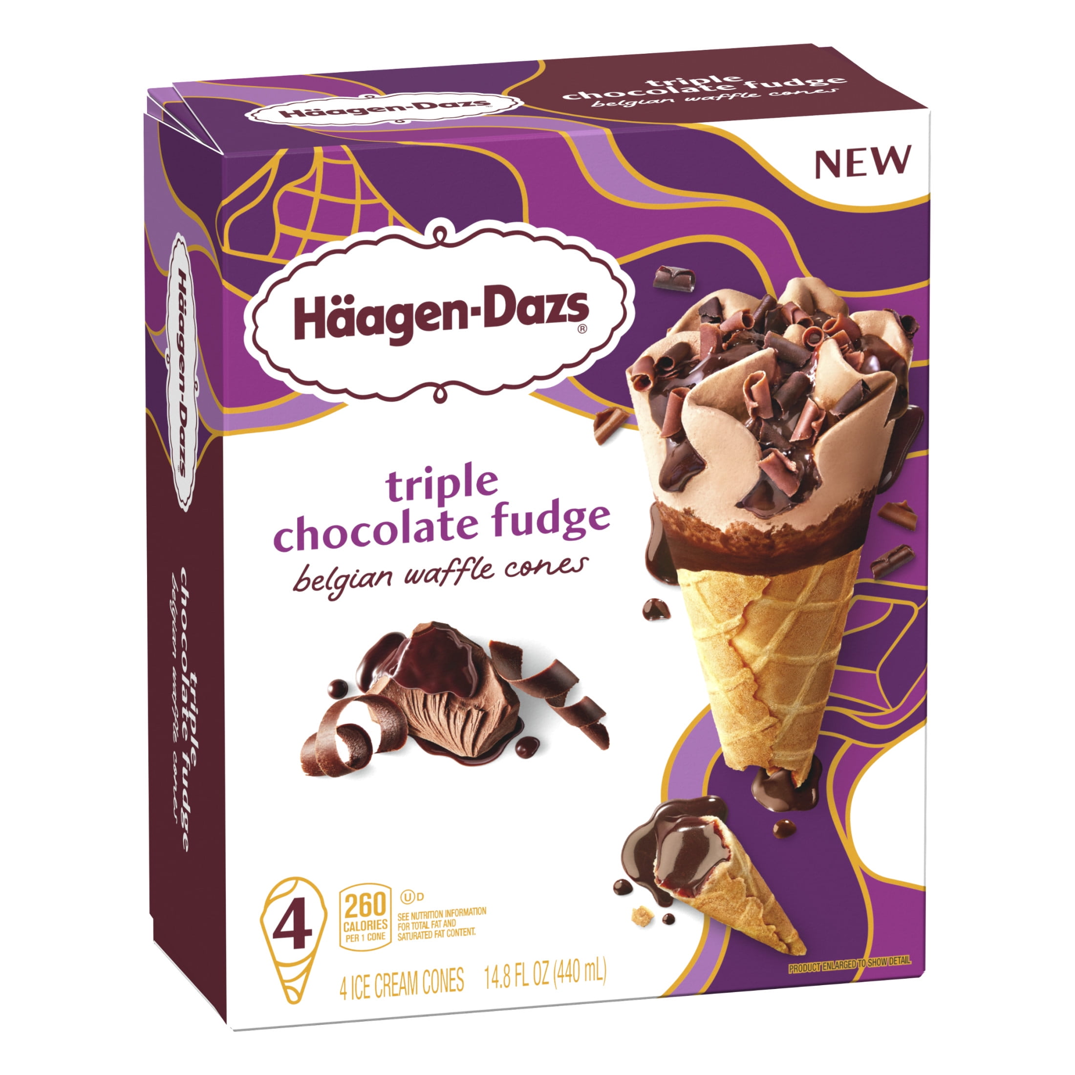 Haagen-Dazs Triple Chocolate Fudge Belgian Waffle Ice Cream Cone, 4 Count