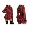 thumbnail image 2 of Women's Floral Long Puff Sleeve Dress Chiffon Mock Neck Tie Waist Ruffle Layered Mini Dresses Deep Red S, 2 of 7