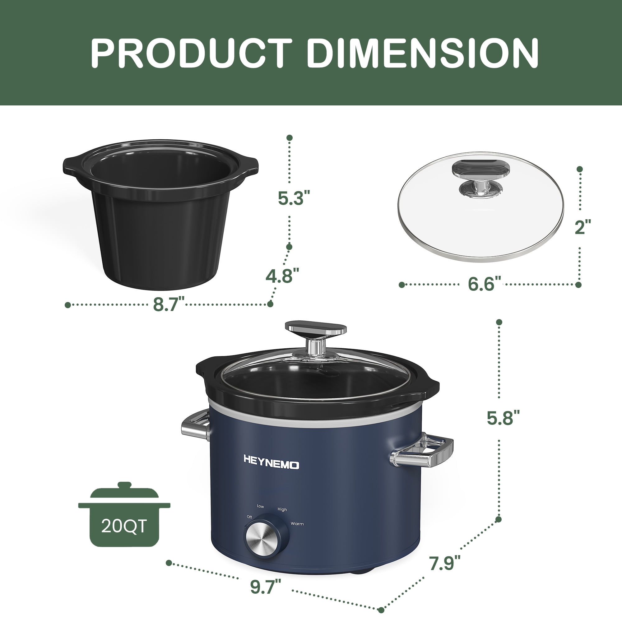 Sunvivi 2 Quart Slow Cooker With Removable Ceramic Pot and 3 Heating Settings, Stainless Steel, Blue