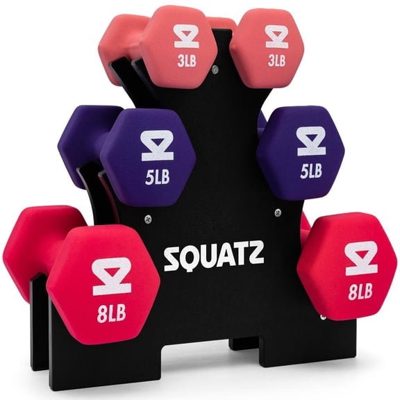SQUATZ 32 lb Dumbbell Weight Set with Stand, Neoprene Coated Hex Dumbbells with Anti-Slip Grip & Anti-Roll Design for Exercise, Fitness, Training & Yoga