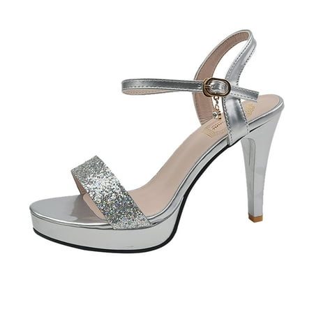 

Ladies Sandals Fashion Solid Color Sequins Leather Buckle Open Toe High Heel Sandal Silver 37