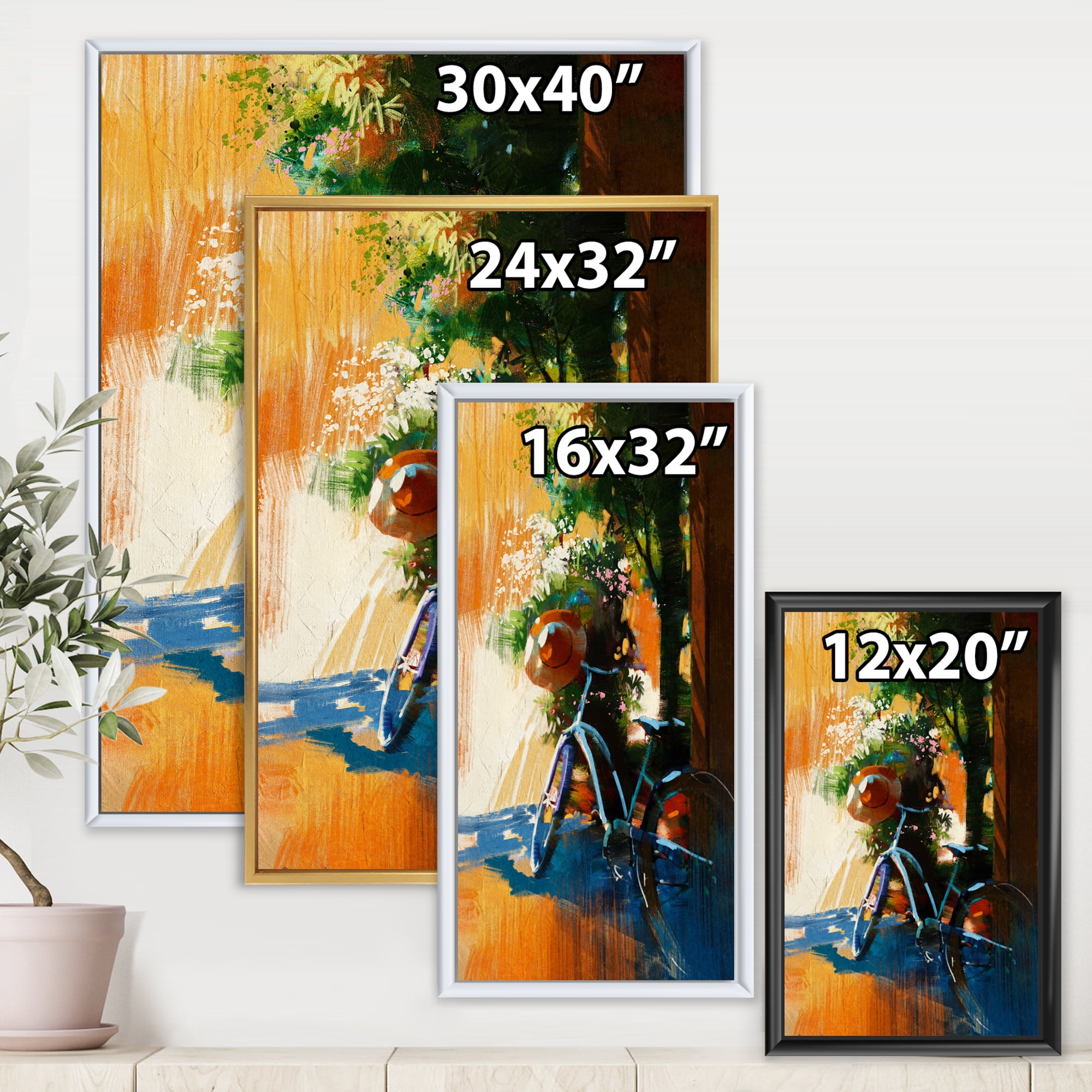 Ancient Bicycle and Old Hat On Summer Day 16 in x 32 in Framed Painting Canvas Art Print, by Designart