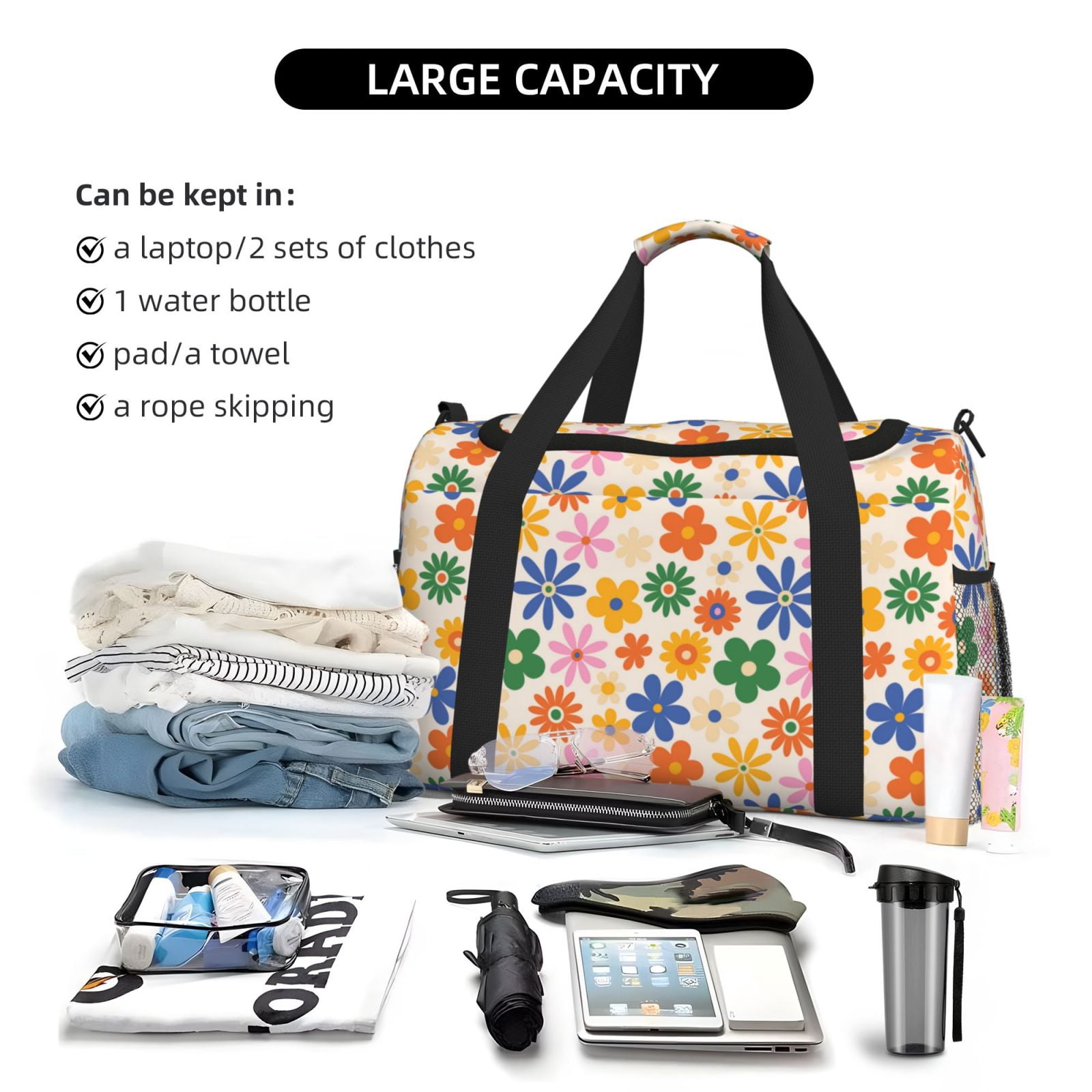 Fuzoiu Groovy Daisy Flowers Print Travel Duffle Bag,Carry On Tote Bags,Duffel Bag,Sport Gym Bag, Hospital Bag for Labor and Delivery, Overnight Bag,Luggage Bag