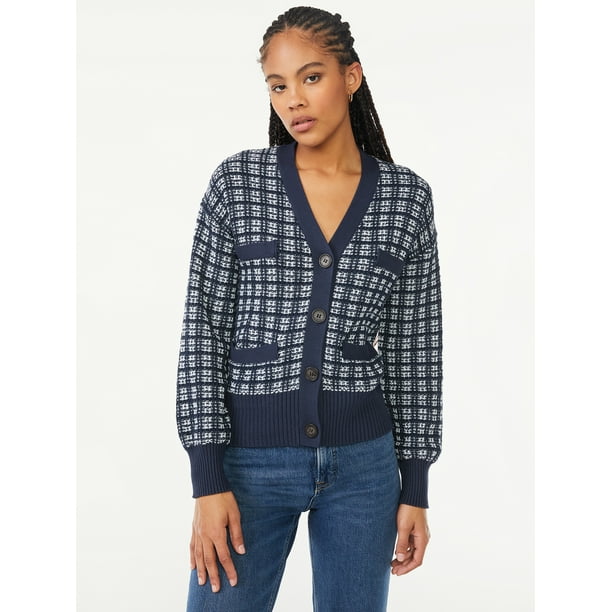 Free Assembly Women's Tweed Cardigan Sweater with Welt Pockets, Midweight