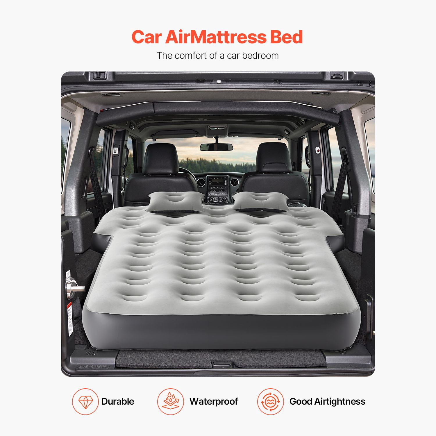 Car Air Mattress, Fits Toyota 4runner, Jeep Wrangler, Inflatable Car Camping Mattress, Flocking Thickened Blow Up Travel Beds, Durable Portable Sleeping Pad with Built in Pump, 2 Pillows, Gray