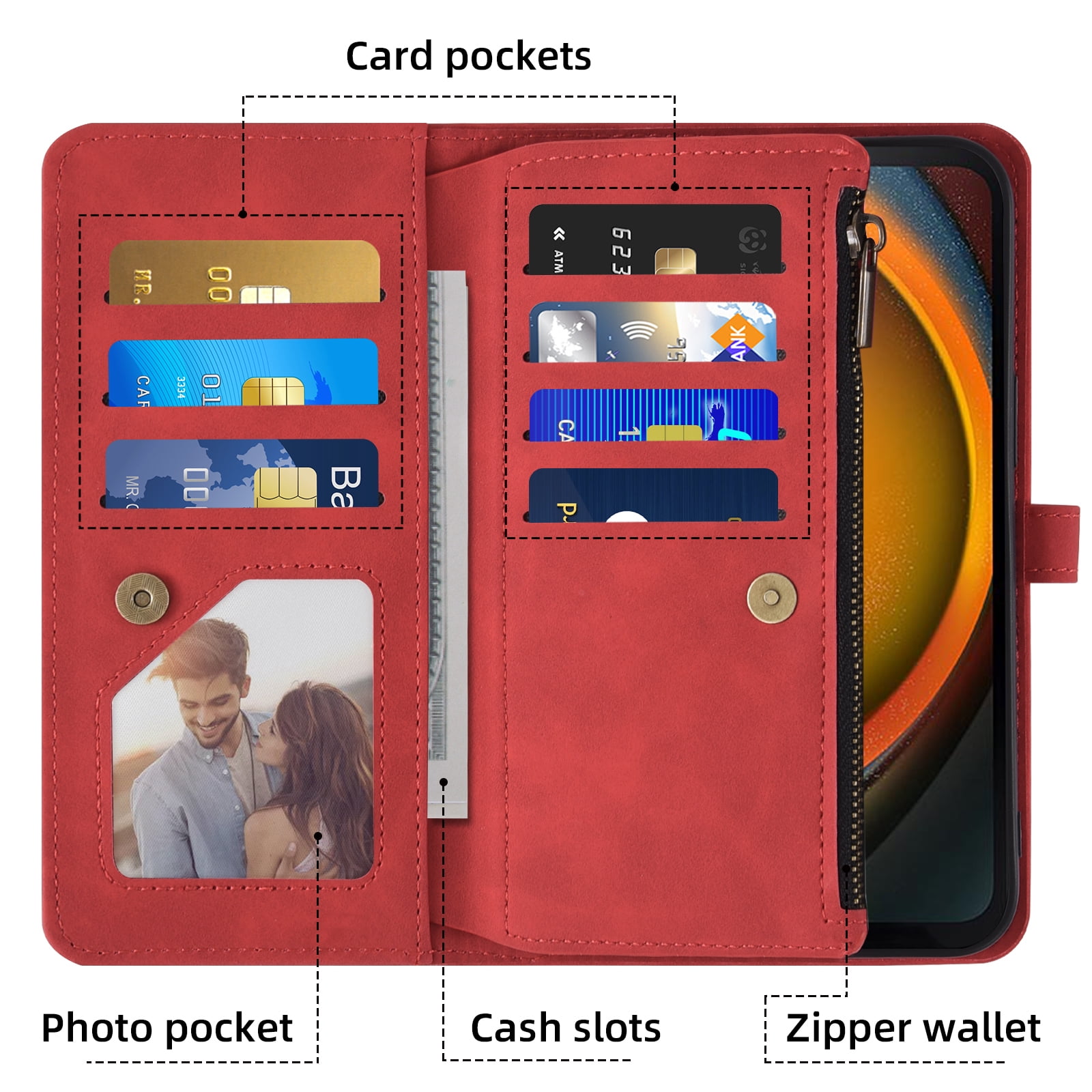 Asuwish Phone Case for Samsung Galaxy Xcover 7 Wallet Cover With Tempered Glass Screen Protector Crossbody Wrist Strap Flip Pattern Zipper Credit Card Holder Stand Slot Cell Xcover7 Women Men Red