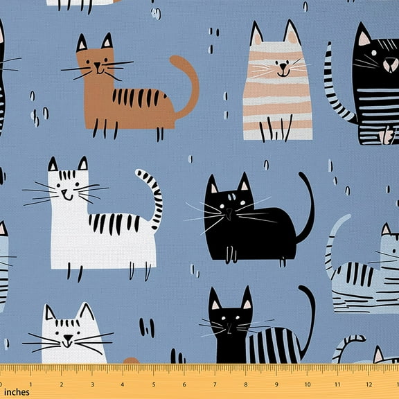 Homewish Kawaii Cat Kitten Fabric by the Yard 1 Yard,Pet Lover Home Decor Fabric by the Yard,White Blue Black Sewing Fabric For Girls Kids,Microfiber Bedroom Decor