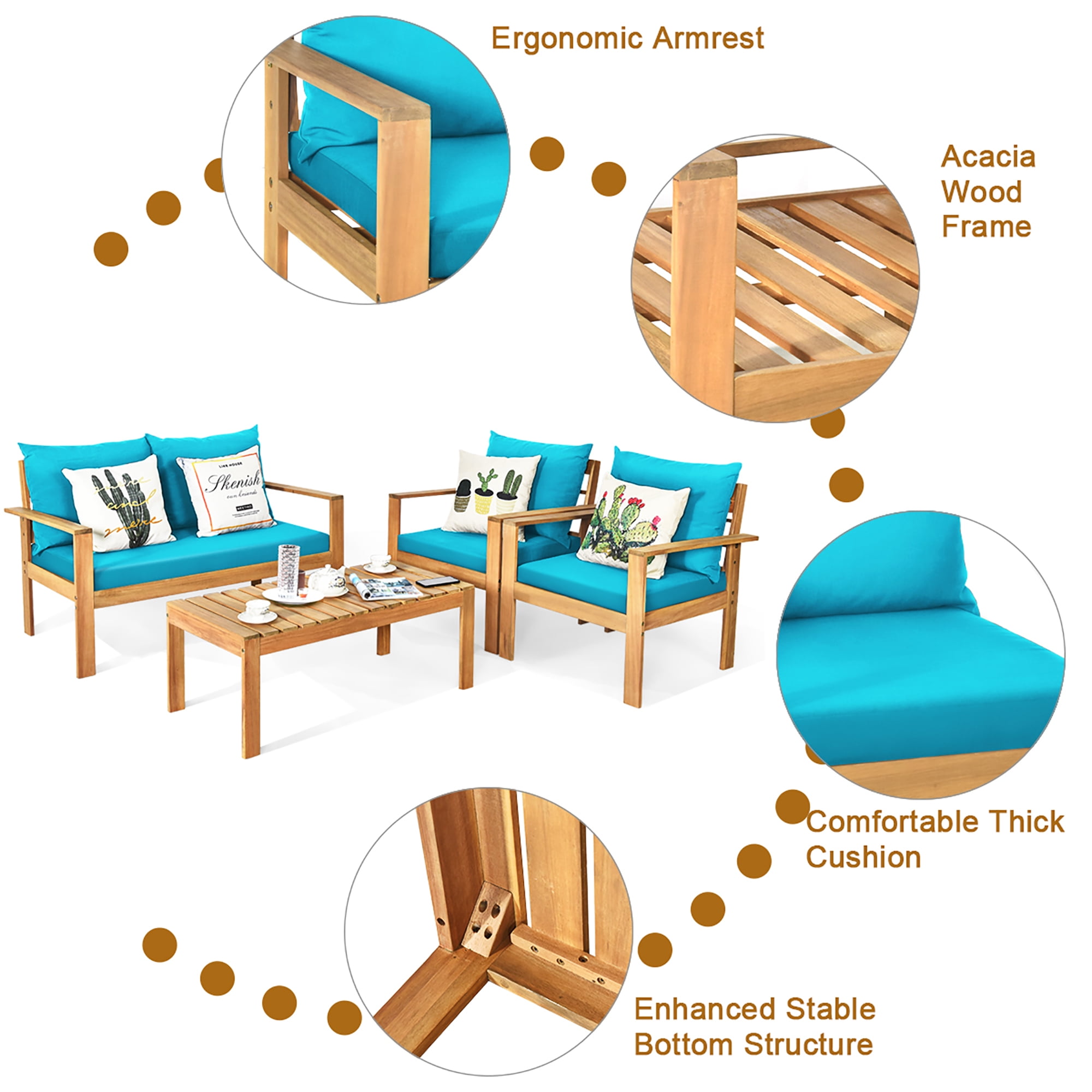 Costway 4PCS Patio Furniture Set Acacia Wood Thick Cushion Loveseat Sofa Turquoise