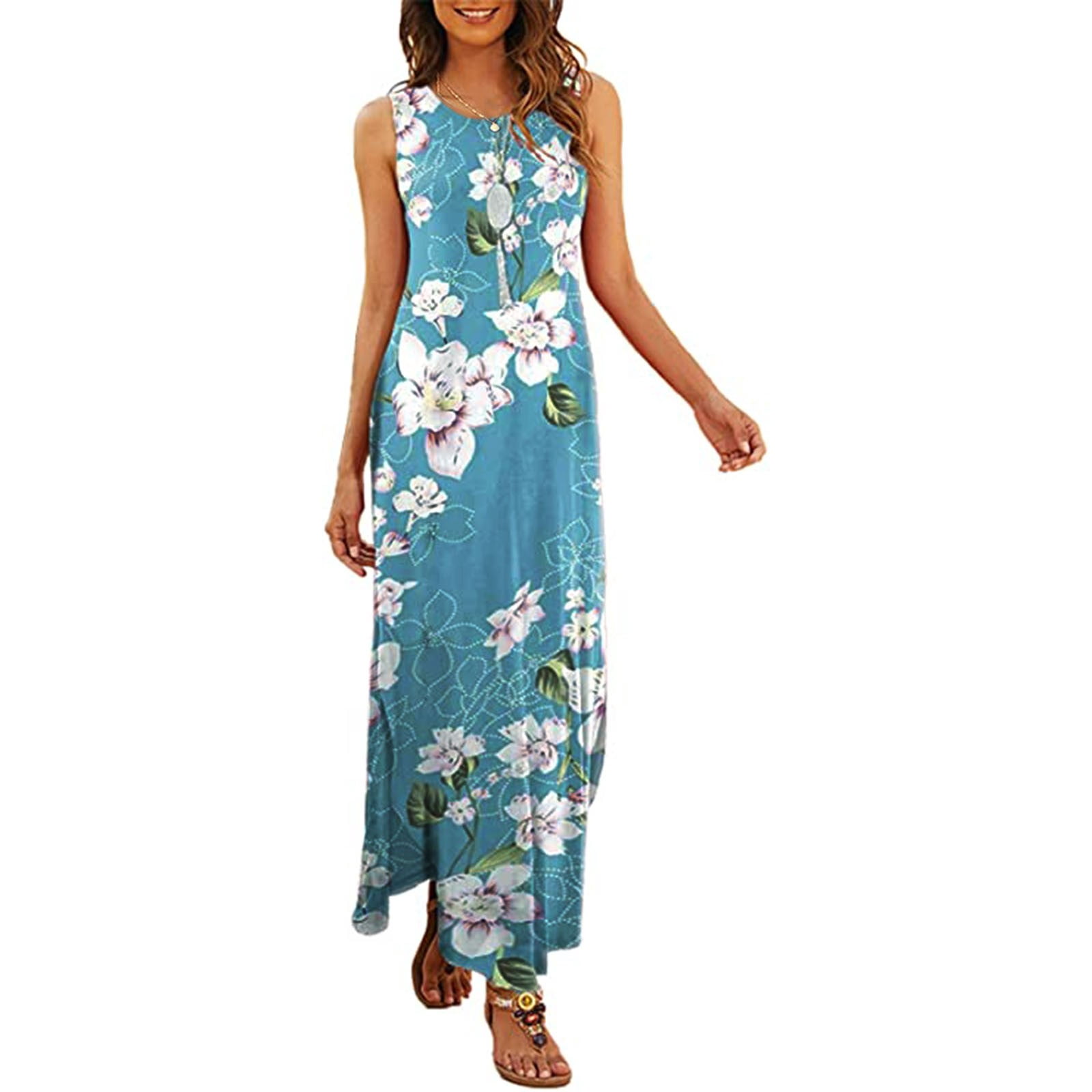 Print Loose Fashion O-neck Long Dress 