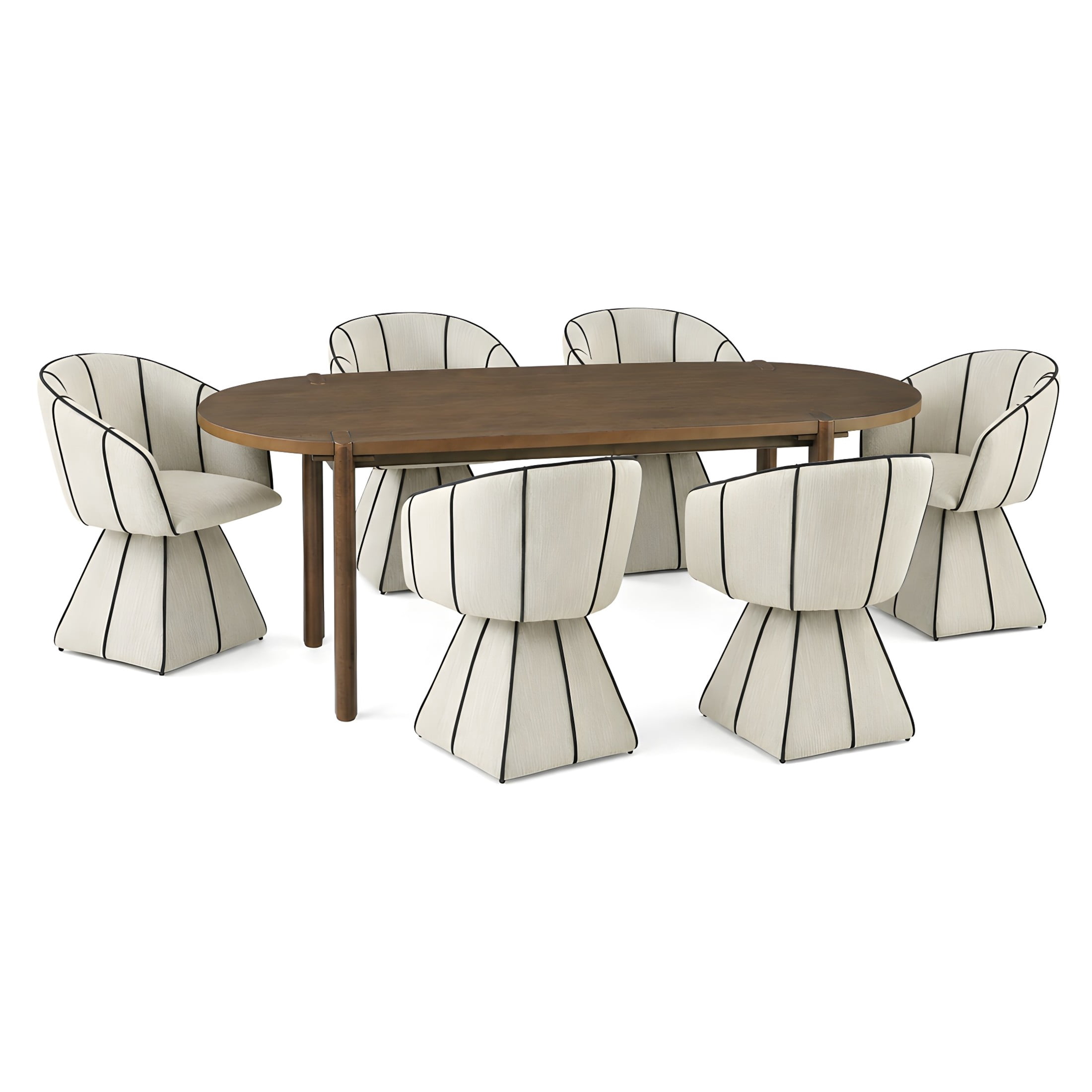 Christopher Knight Home 7-Piece Modern Oval Dining Set, Walnut Wood Table with Swivel Chairs, Beige+Black