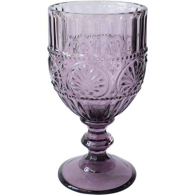 American Atelier Vintage Beaded Wine Glasses Set of 4, 9 oz Wine Goblets  Vintage Style Glassware, Water Cups Embossed Design Dishwasher Safe, Purple