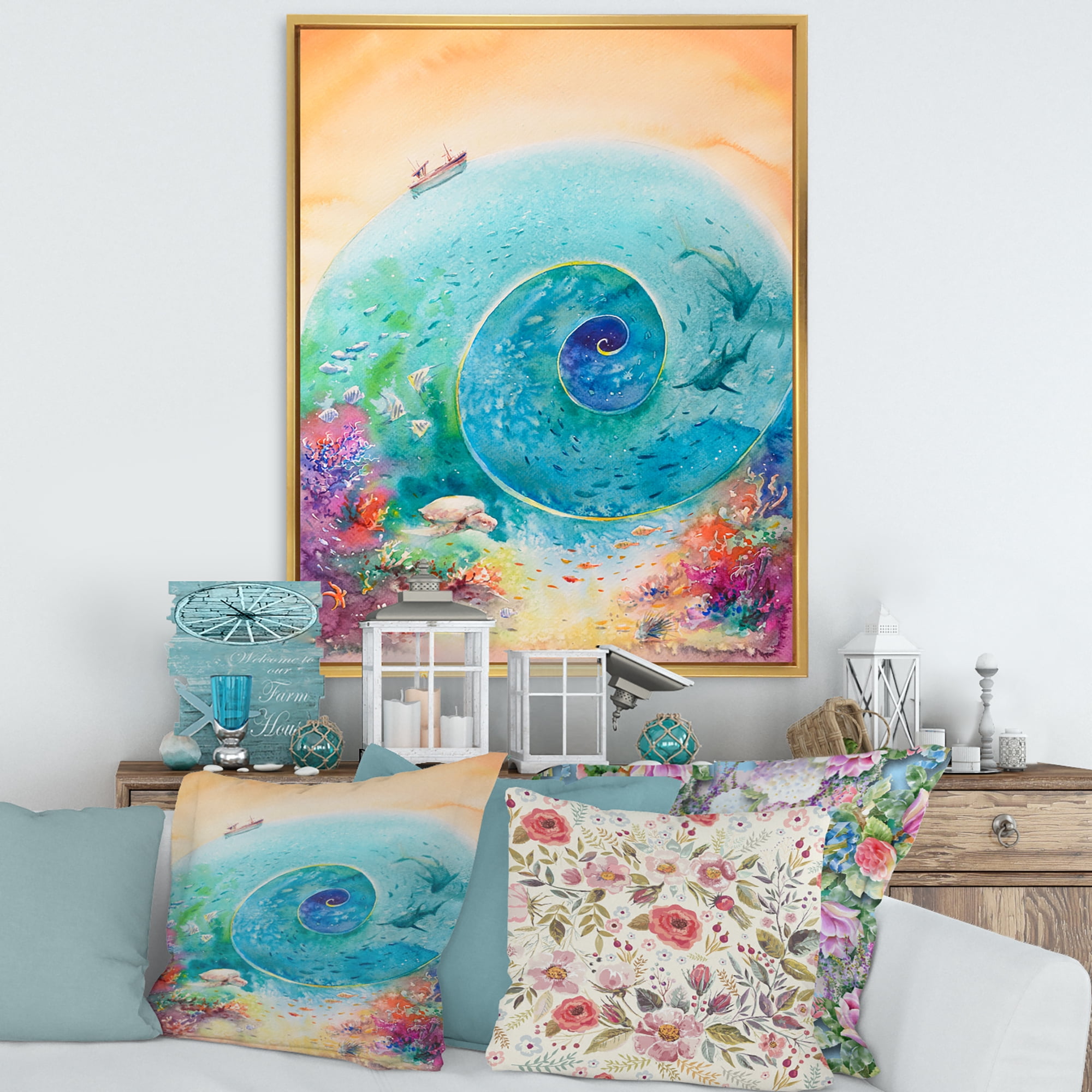 Designart 'Coral Reef Fishes With Turquoise Ocean Spiral' Nautical & Coastal Framed Canvas Wall Art Print